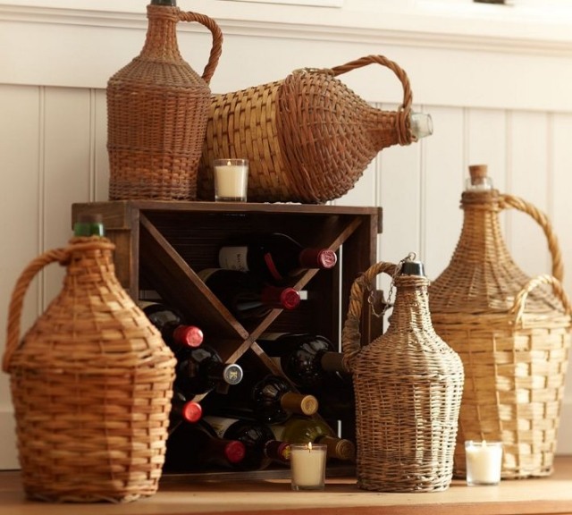 سلة-زجاجات-ديكور-نبيذ-رف-خشب داكن