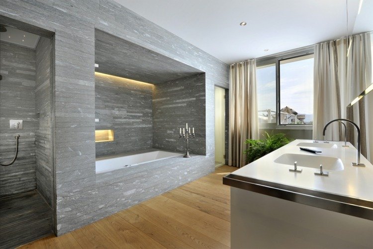 تصميم الحمام فكرة الحد الأدنى من الحجر الرمادي حوض الاستحمام الباركيه الخشب