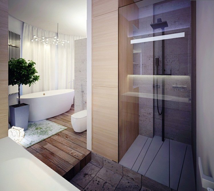 تصميم الحمام أرضية خشبية دش زجاجي ريفي حديث