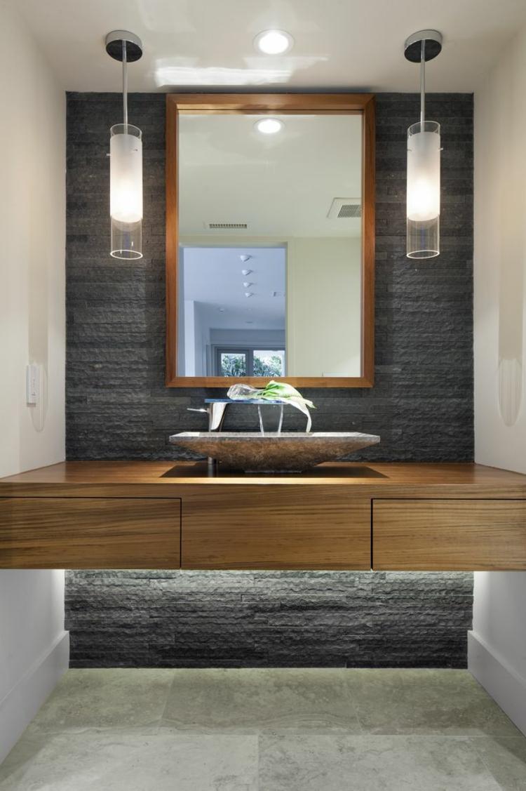 الحمام تصميم لهجة جدار الحجر الرمادي الداكن الإضاءة وحدة تحكم الحائط الخشب