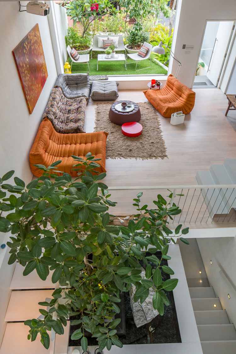 المعيشة-الأفكار-المعيشة-غرفة-الطابق العلوي-الداخلية-حديقة-الدرج-الأريكة-البرتقالي