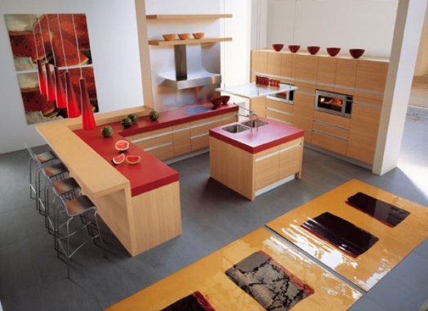 سطح عمل المطبخ الخشب الصلب تصميم قلادة ضوء أحمر