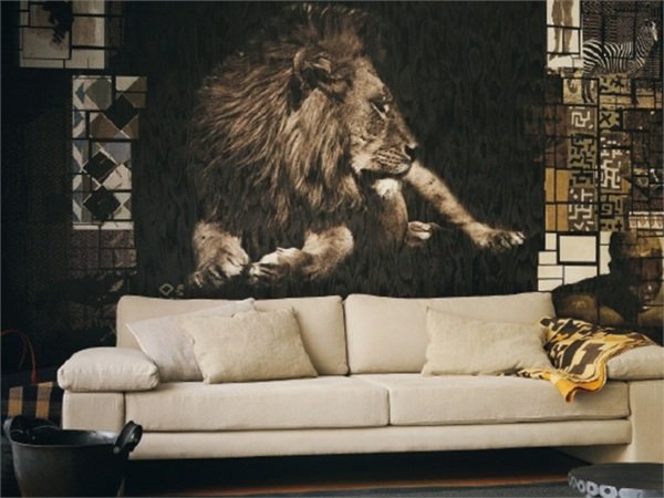 غرفة المعيشة نمط الحيوان خلفية أريكة بيضاء الأسد