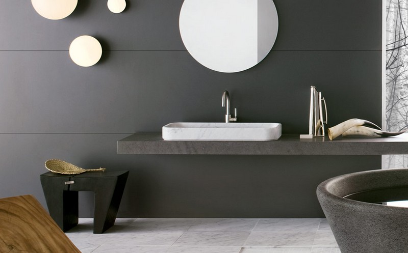مرآة حمام من الغرور بتصميم طبيعي مستدير من الحجر الطبيعي