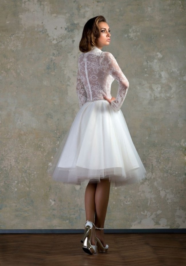 فستان زفاف - بطول الركبة - حجم كبير - أسفل - دانتيل - توب - بأكمام - شيفون - شيفون