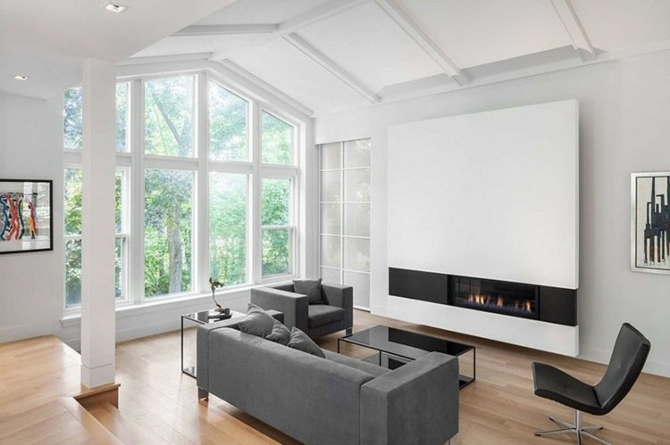 التصميم الداخلي للمدفأة الحديثة غرفة المعيشة الأريكة الرمادية