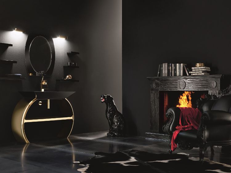 تصميم-أثاث-أسود-حوض-حائط-ذهبي-رف سفلي-مدفأة-كرسي بذراعين