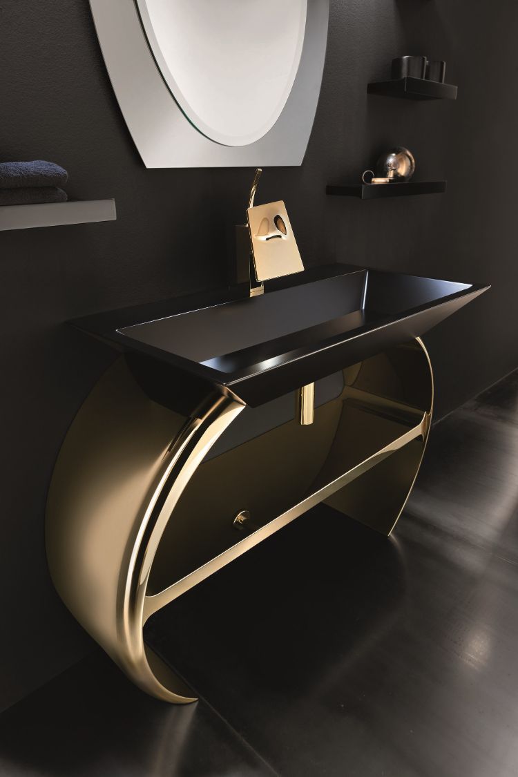 تصميم أثاث - أسود - حوض - حائط - ذهبي - تحت الرف - مرآة مستديرة