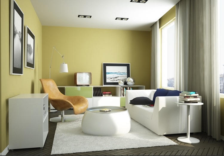غرفة المعيشة-المعيشة-الأفكار-الألوان-القوية-لون الحائط-الخردل-الأصفر-الأثاث-الأبيض-كرسي بذراعين-جلد-خردل-أصفر-ستائر-صور