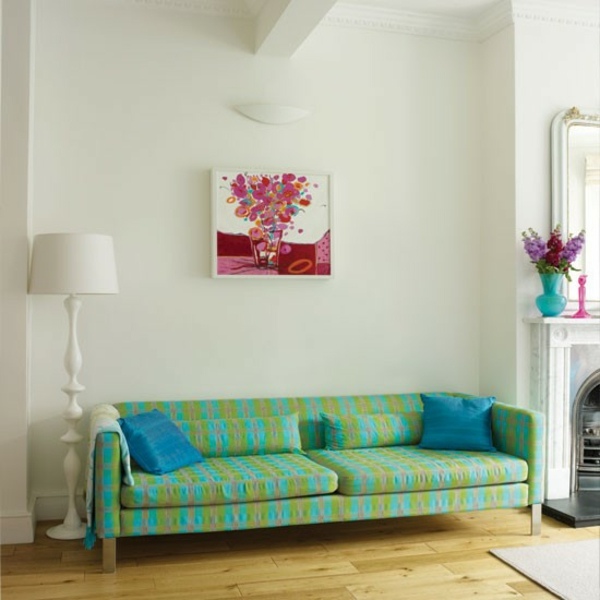 صور ديكورات حائط صوفا خضراء زرقاء أفكار لغرفة المعيشة