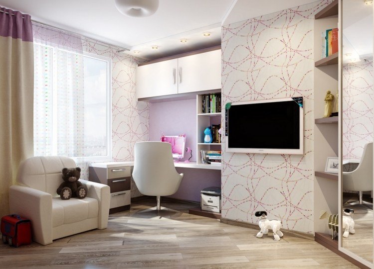 غرفه شبابيه - غرفه بنات - حديثة - بيضاء - كرسي بذراعين - مكتب - ورق حائط - تلفزيون