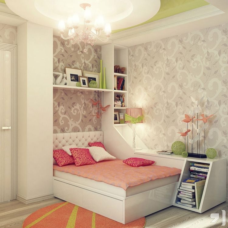 غرف شبابية-غرف-بنات-رومانسي-ابيض-وردي-ورق حائط-زينة