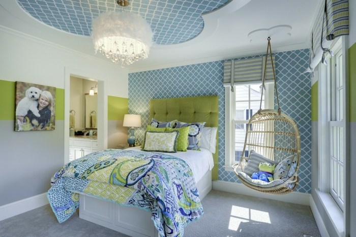 أفكار الجدار الأزرق اللون الأخضر السرير اللوح الأمامي