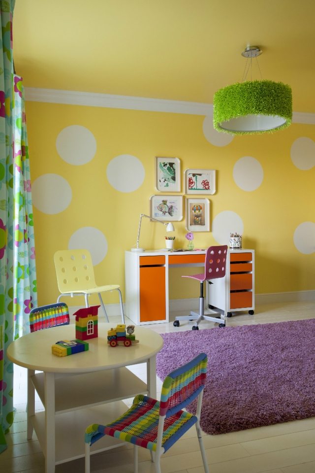 ألوان الحائط-الأفكار-غرفة الأطفال-الأصفر-الأبيض-النقاط