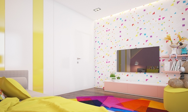 ألوان الحائط-الأفكار-غرف الأطفال-الملونة-الأبيض-الوردي-الأصفر-المثلثات-التخيلية-اللعب-التلفزيون