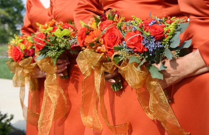 فستان وصيفات الشرف - خريف - زفاف - برتقالي - ذهبي - فيونكة