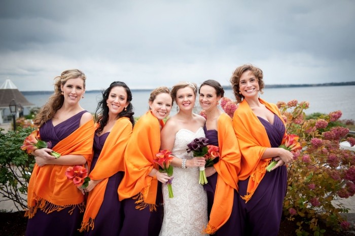 فساتين العروسة - الخريف - الزفاف - البنفسجي - الفساتين - البرتقالية - الاوشحة