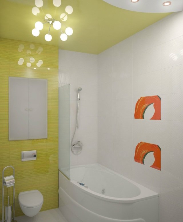 أثاث-حمام صغير-زاوية-بانيو-أخضر-بلاط-سقف-ضوء