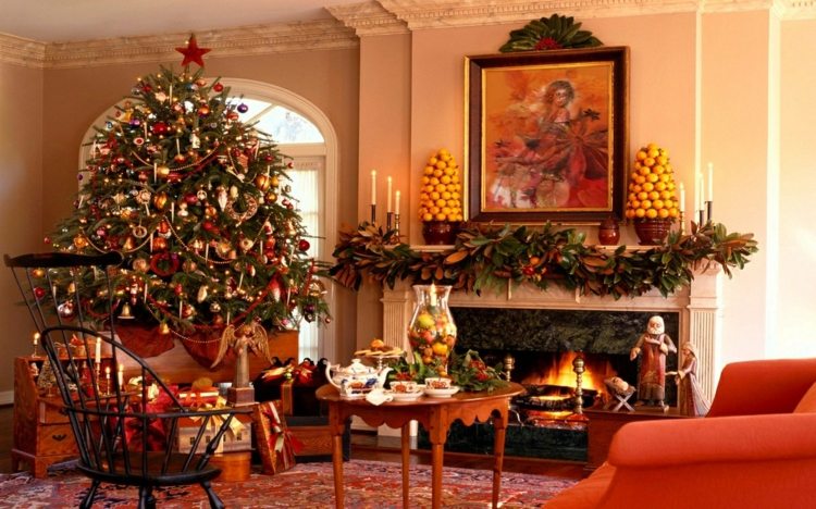 أفكار ديكور عيد الميلاد تصميم غرفة المعيشة ترتيب الموقد البرتقالي شجرة عيد الميلاد
