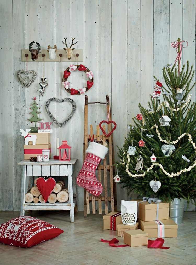 أفكار زينة عيد الميلاد ألواح خشبية جدار سلم شجرة عيد الميلاد أحمر أبيض