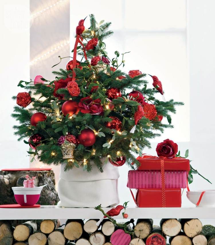 أفكار زينة عيد الميلاد شجرة عيد الميلاد الصغيرة هدايا مجوهرات حمراء وعاء