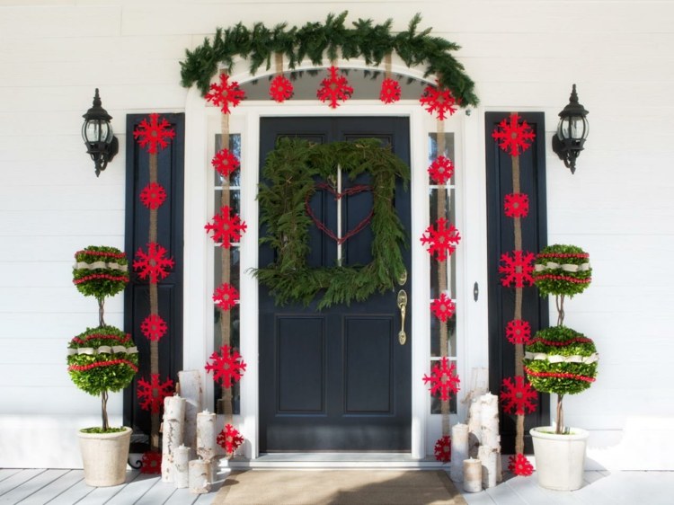 أفكار زينة عيد الميلاد الثلج البقس الأحمر باب المدخل