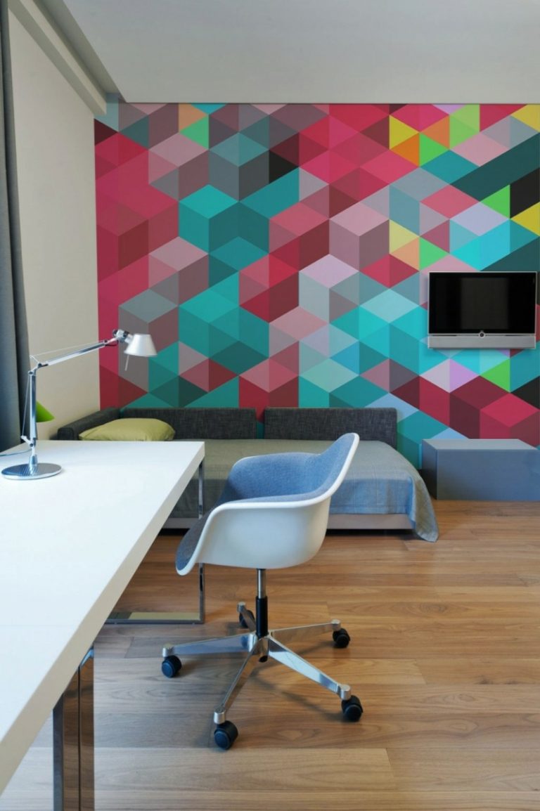 أفكار تصميم الجدار عزر هندسي غرفة نوم مكعبات ملونة