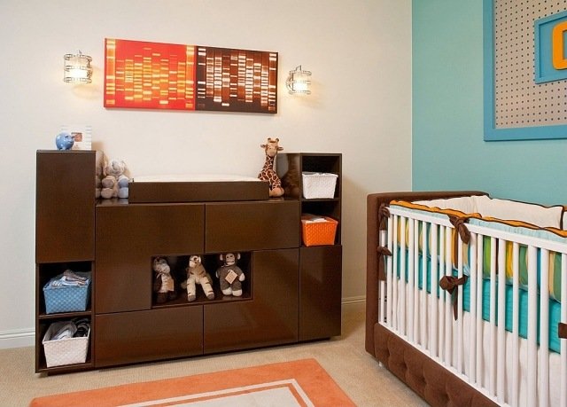 غرفة الطفل الصبي خشبية طاولة تغيير مساحة التخزين رفوف الجدار الأزرق لهجة