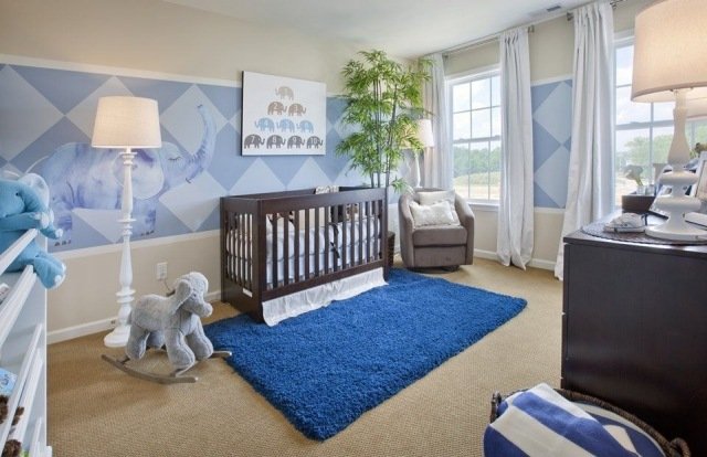 تصميم غرفة الطفل فكرة الصبي كريم الأزرق تركيبة الجدار الديكور الفيل موضوع