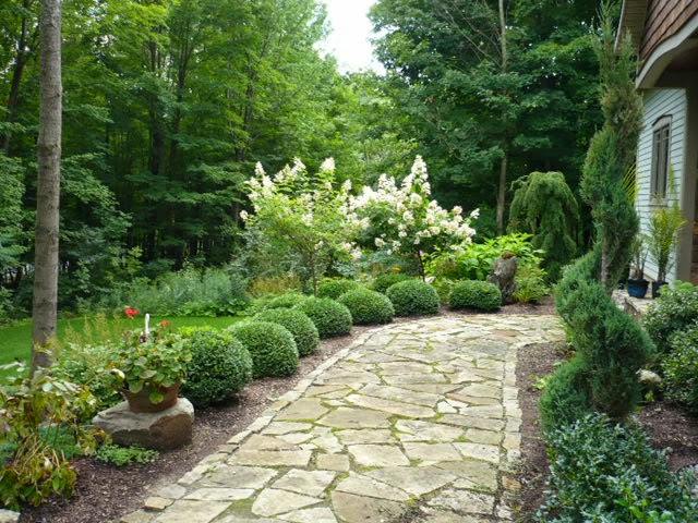 ممر تصميم الحديقة يخطو الحجارة أرجواني كرات خشب البقس