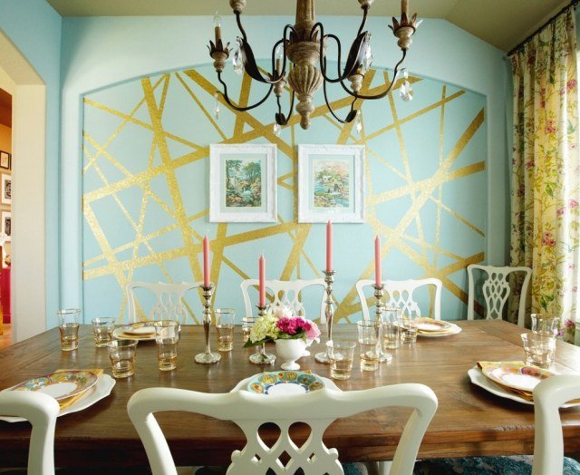 شريط-نقش-ذهبي-نعناع-أخضر-غرفة طعام-لهجة الجدار