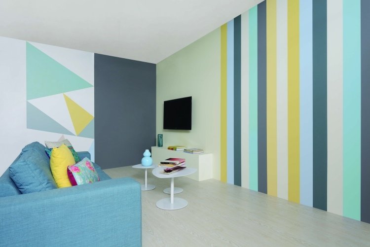 دهان افكار للحائط - شرائط - غرفة جلوس - ألوان جديدة - أصفر - أخضر - أزرق