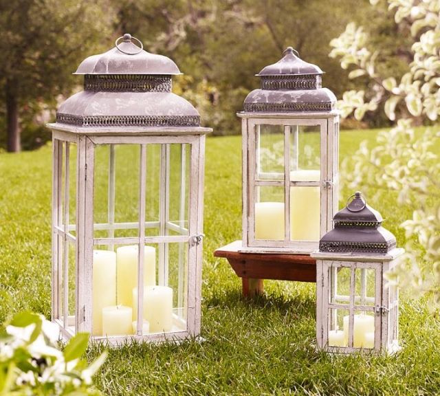 أفكار للإضاءة في الهواء الطلق حديقة الخشب الأبيض خمر الشموع الفوانيس العشب