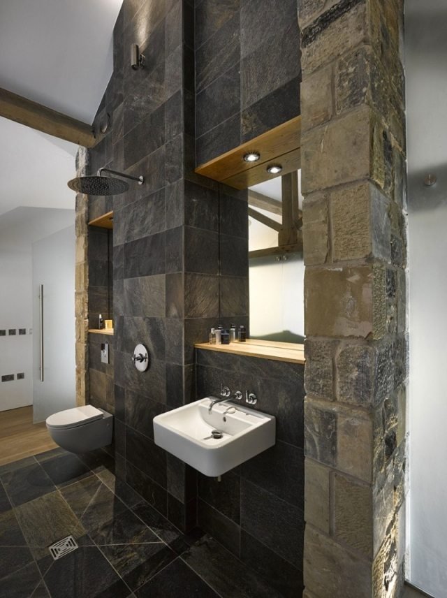 أفكار الحمام جدار تصميم الحجر الطبيعي بلاط الحائط الفولاذ المقاوم للصدأ رأس دش