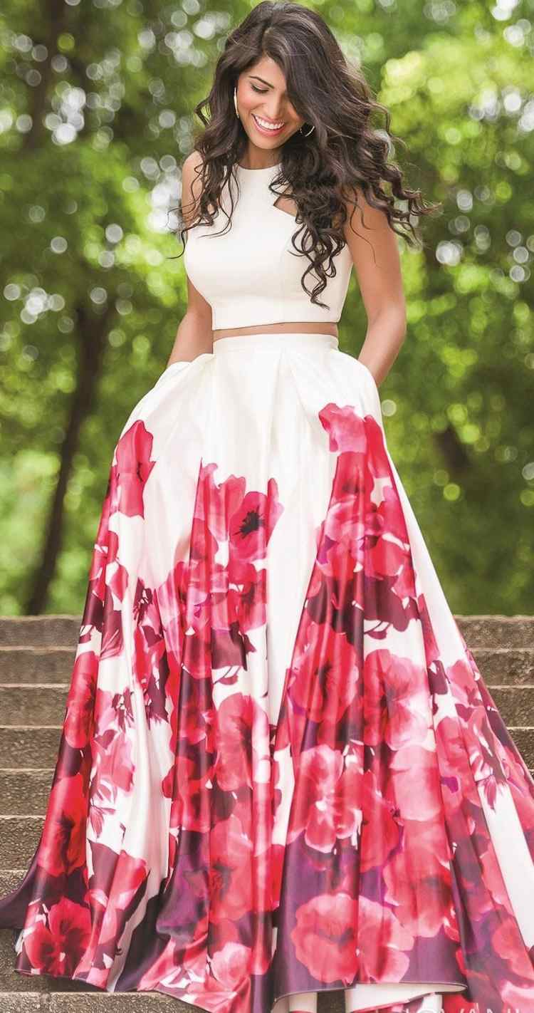 فستان حفلة موسيقية قطعتين تنورة زهرة حمراء كريمية طويلة