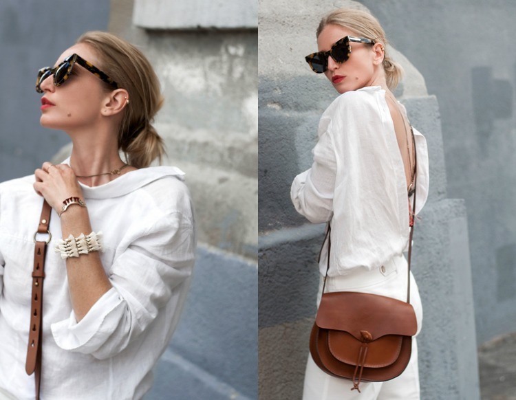 الموضة الحالية - الاتجاه - السيدات - قميص - كتان - أبيض - حقيبة جلدية
