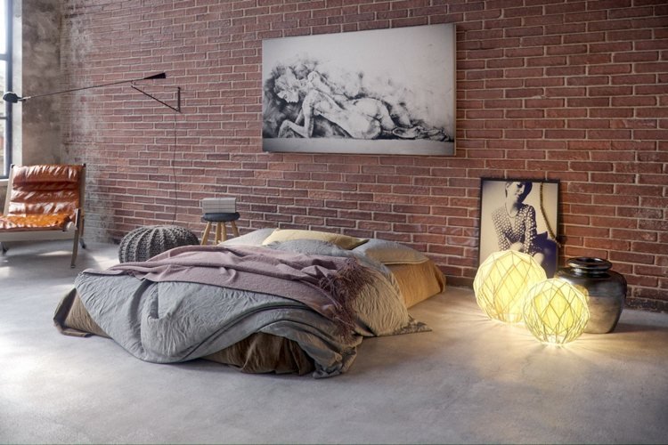 تصميم شقة على الطراز الصناعي فن زخرفة غرفة النوم مصابيح أرضية خرسانية