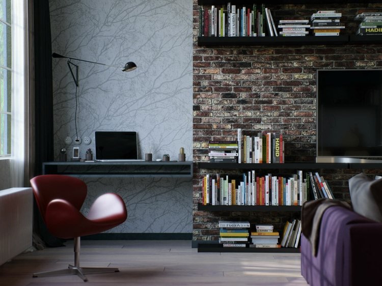 تصميم شقة على الطراز الصناعي كرسي مكتب جلد أحمر تخزين الجرف جدار