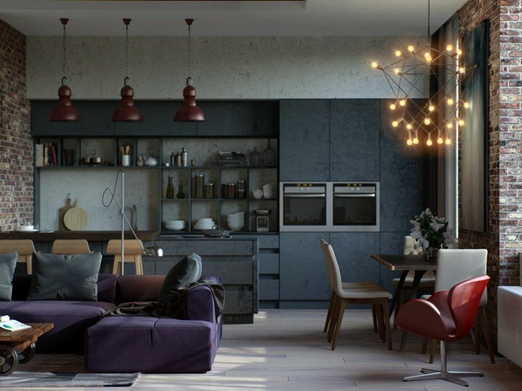 تصميم شقة مطبخ على الطراز الصناعي رمادي طاولة طعام خشبية أضواء متدلية