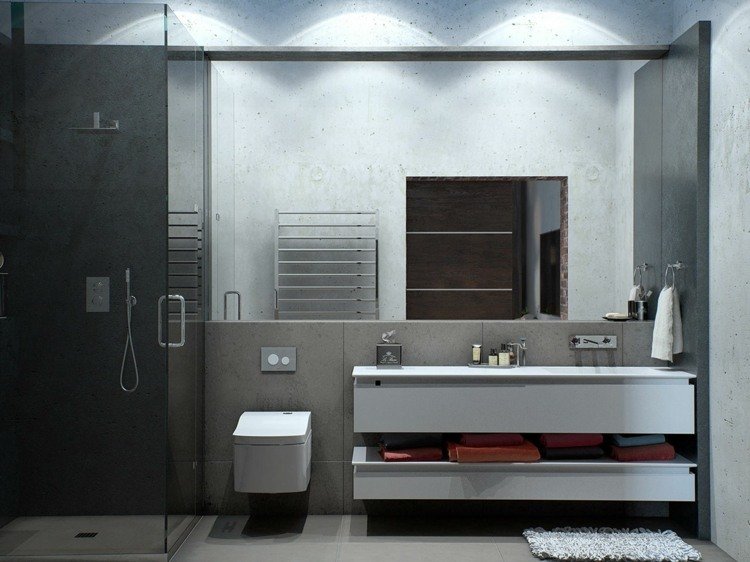 تصميم شقة على الطراز الصناعي فكرة الحمام مرآة كبيرة