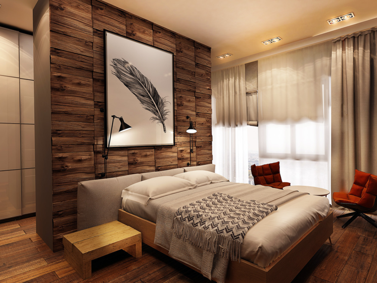 تصميم شقة على الطراز الصناعي منضدة خشبية للجدار والسرير