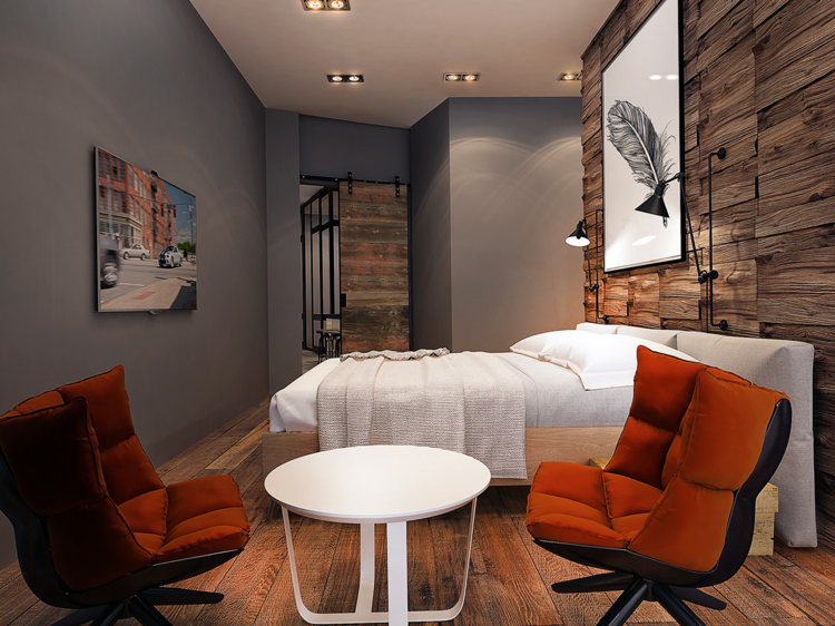 تصميم شقة سرير على الطراز الصناعي كرسي بذراعين أبيض طاولة جانبية منجدة برتقالية