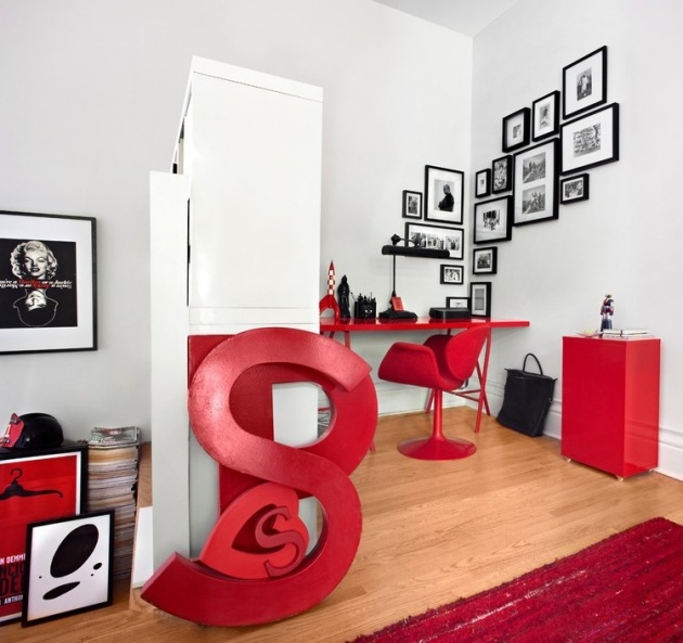 أثاث غرف العمل-أفكار-أبيض-أحمر-تركيبة-ديكور-جدار-صور عائلية