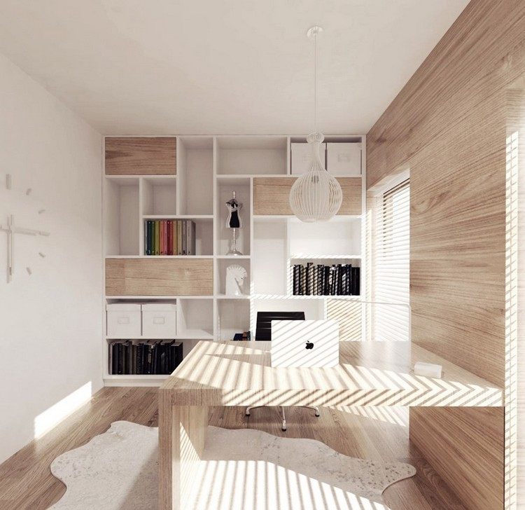 العمل من المنزل - مساحة العمل - التصميم - الضوء - الخشب - الأبيض - نظام الرفوف - مساحة التخزين