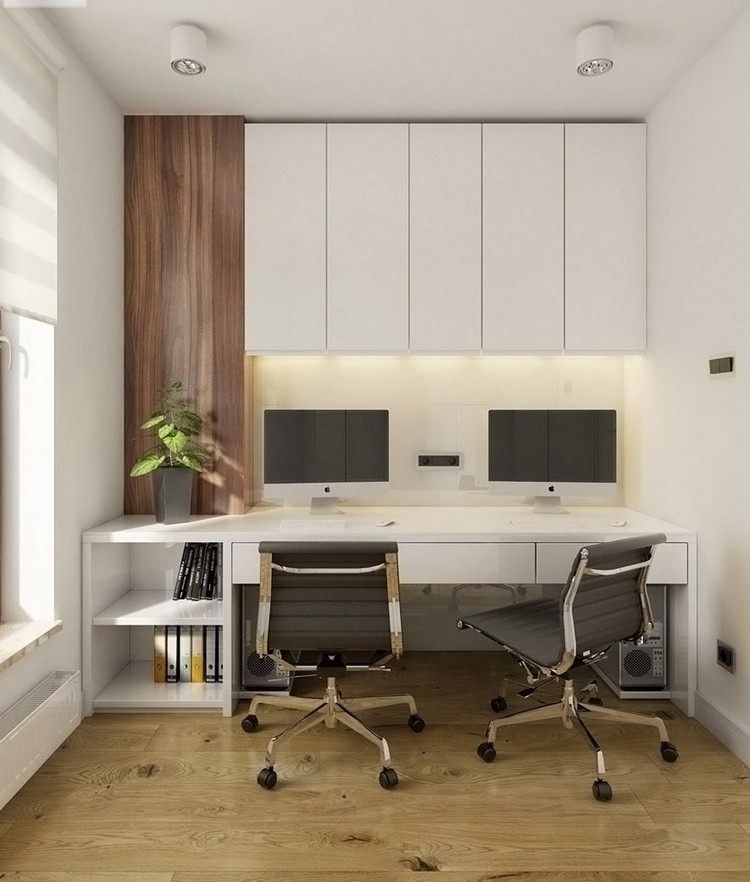العمل من المنزل تصميم منطقة العمل بيضاء مكتب أعلى الخزائن شرائط led