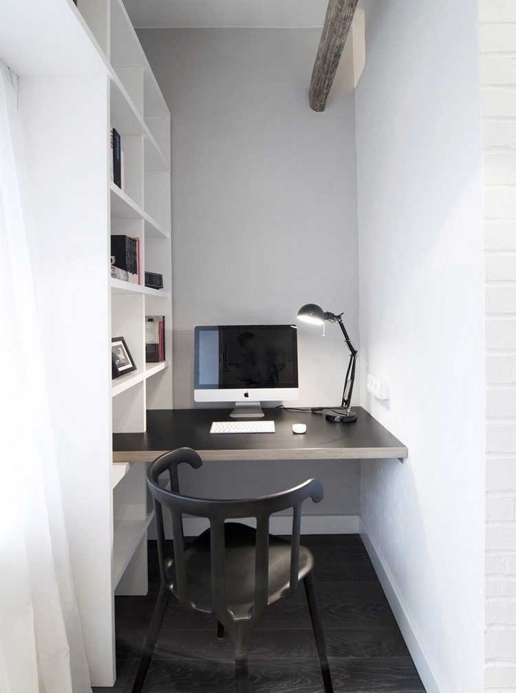 مساحة عمل صغيرة - تصميم - أسود - مكتب - كرسي - أبيض - حائط - رفوف - نظام
