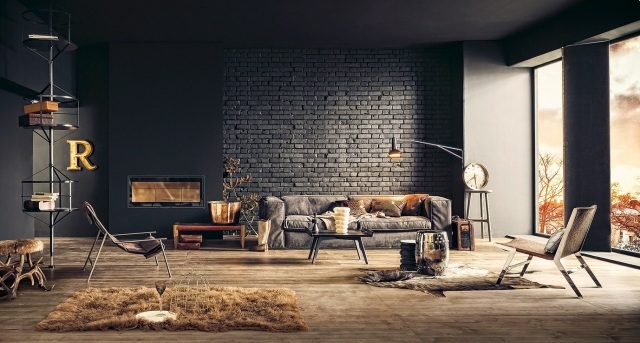 صالة أثاث غرفة المعيشة ، أريكة جلدية ، أرضيات ، أفكار تصميم الجدار الأسود