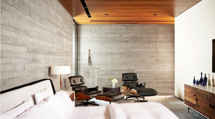 غرفة نوم خشبية سقف غرفة نوم تصميم جدار خرساني حديث كرسي بذراعين سرير