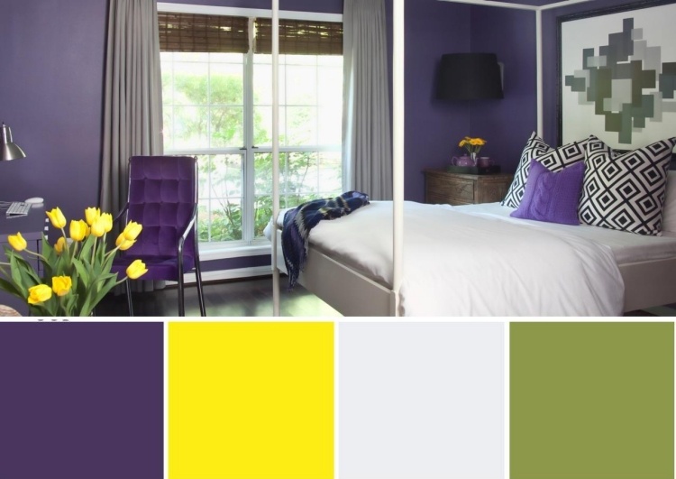 الباذنجان-لون-الجمع بين غرفة نوم-أصفر-أخضر-رمادي فاتح