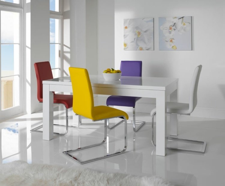 طاولة طعام قابلة للتمديد في كراسي بيضاء ، مستطيلة ، ملونة ، صفراء ، حمراء ، بنفسجية